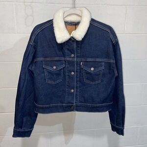 Levi's Premium Womens Warm Pleat Sleeve Sherpa Jacket XS Blue Denim Trucker Coat